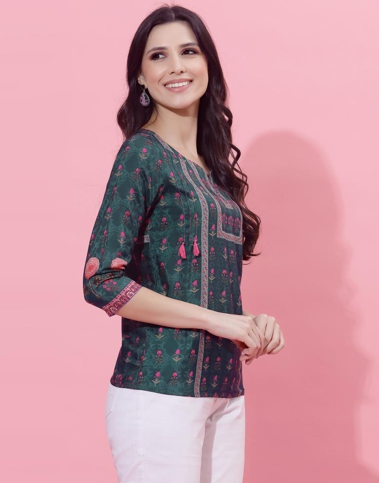 Dark Sea Green Printed Top | Leemboodi