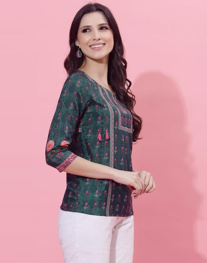 Dark Sea Green Printed Top | Leemboodi