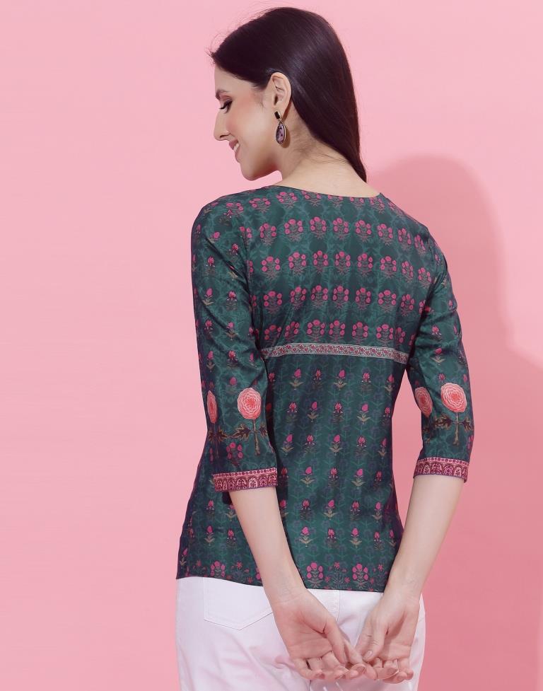 Dark Sea Green Printed Top | Leemboodi