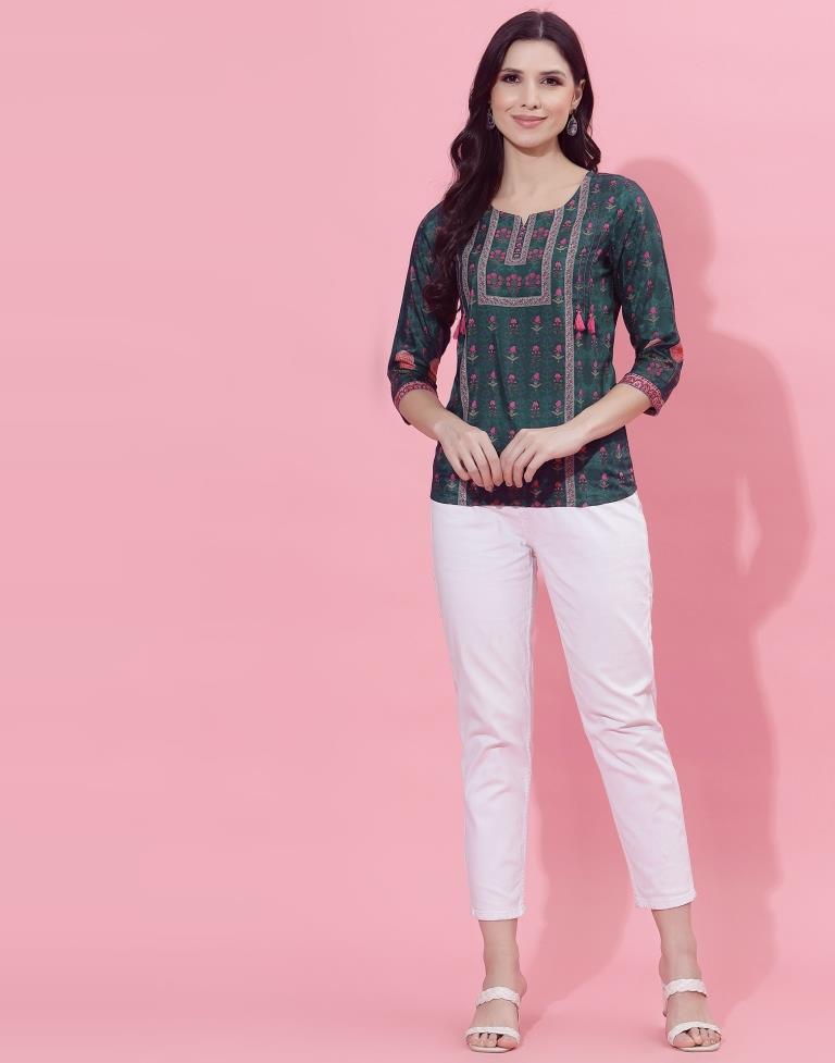 Dark Sea Green Printed Top | Leemboodi