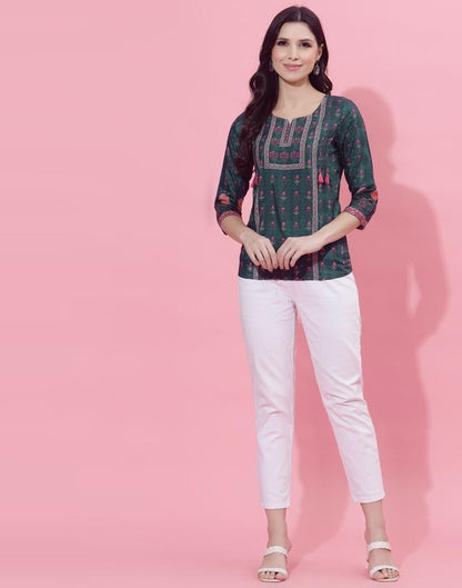 Dark Sea Green Printed Top | Leemboodi