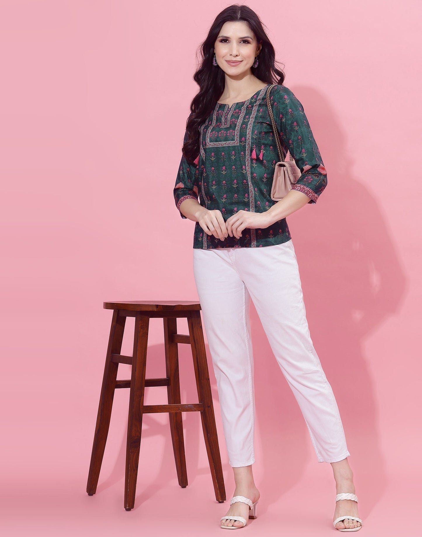 Dark Sea Green Printed Top | Leemboodi