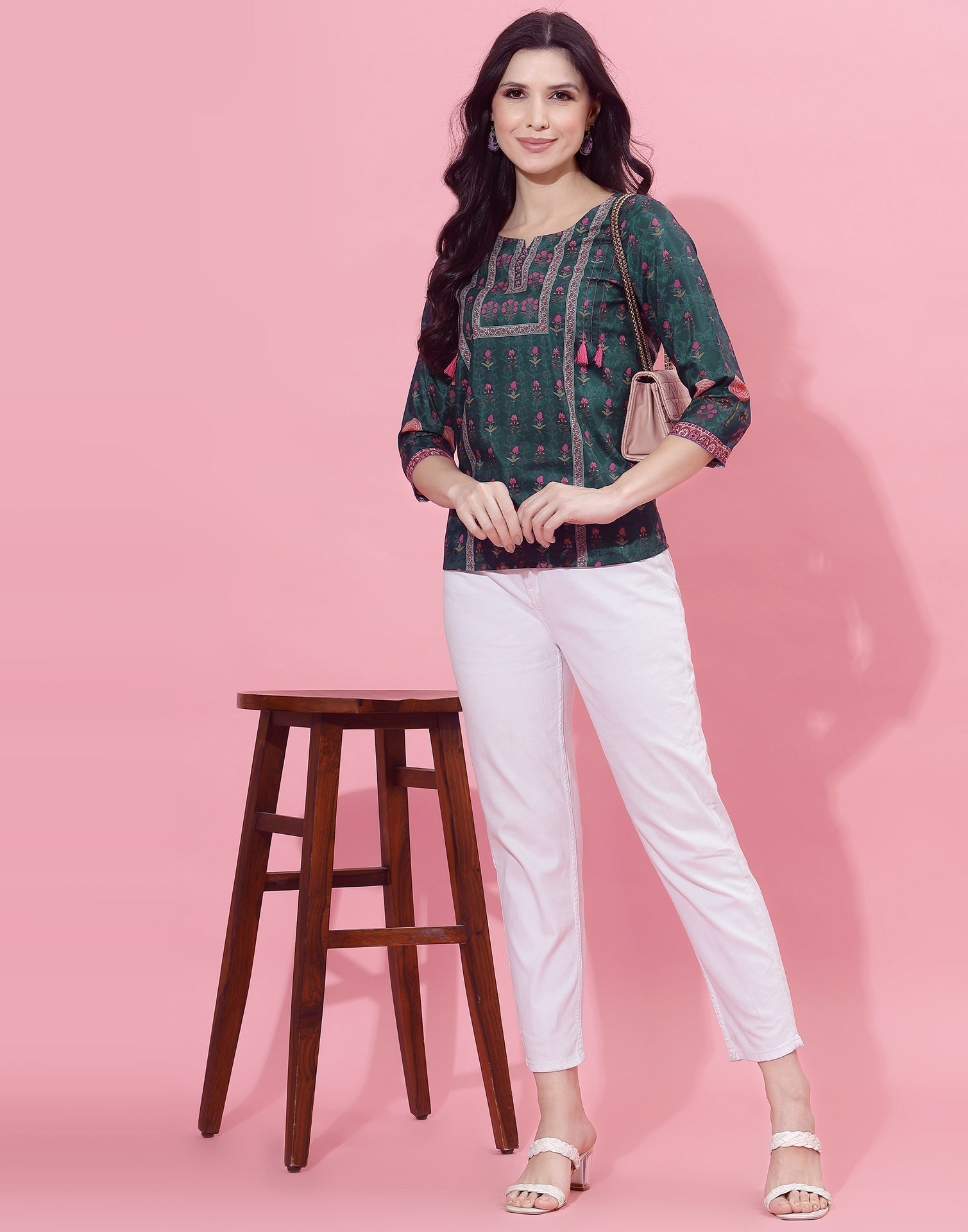 Dark Sea Green Printed Top | Leemboodi