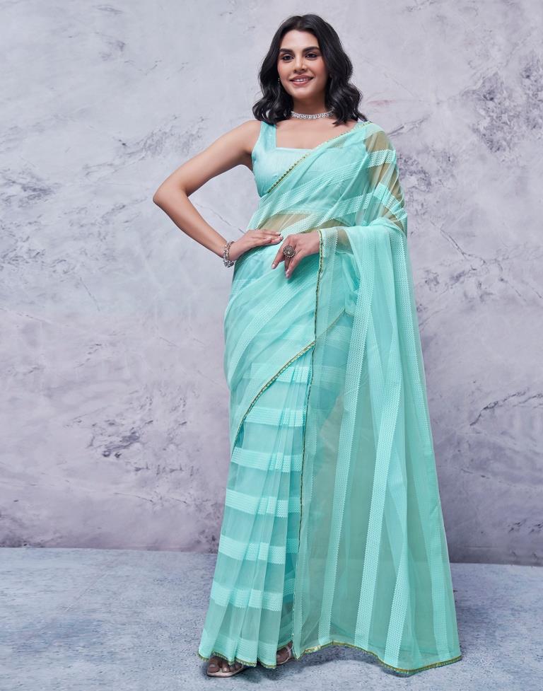 Turquoise Organza Plain Saree