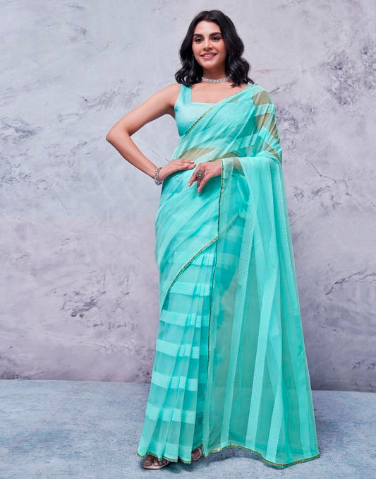 Turquoise Organza Plain Saree