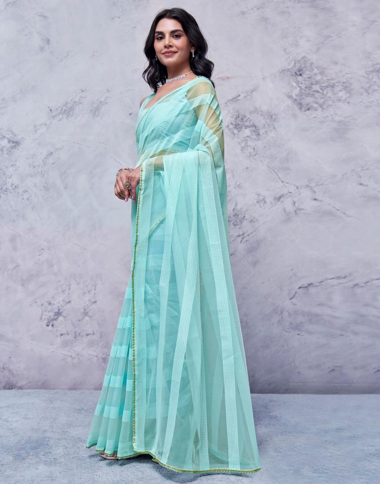 Turquoise Organza Plain Saree