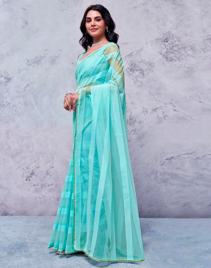 Turquoise Organza Plain Saree