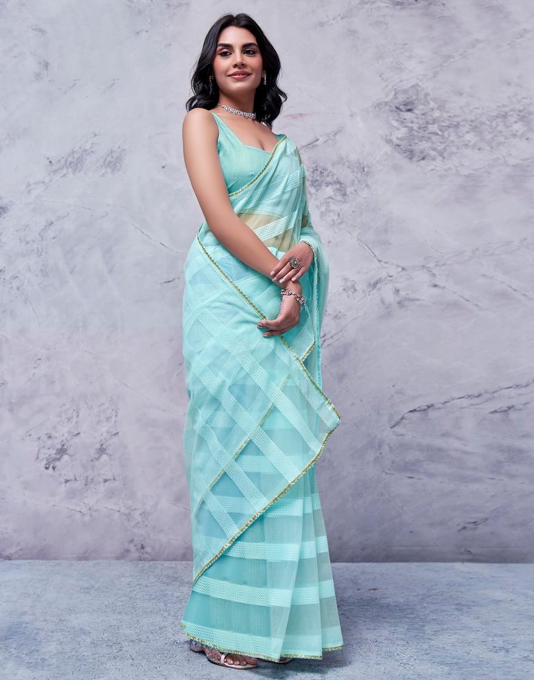 Turquoise Organza Plain Saree