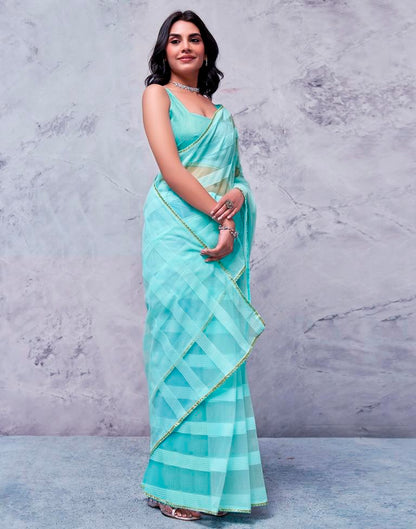 Turquoise Organza Plain Saree