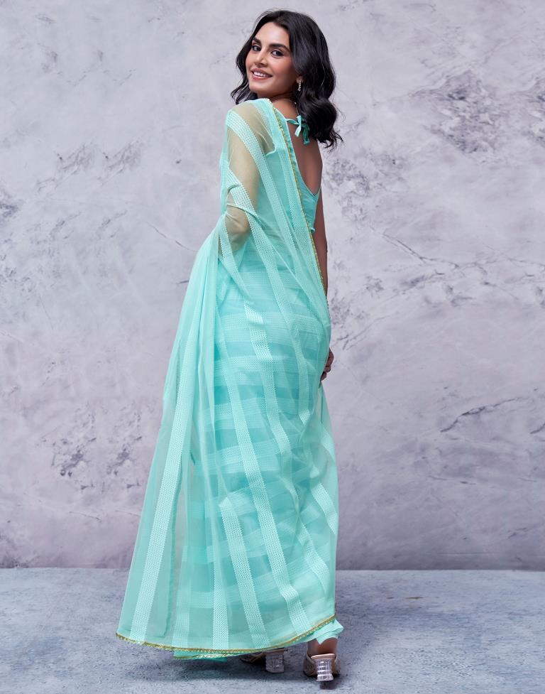 Turquoise Organza Plain Saree