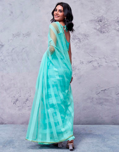 Turquoise Organza Plain Saree