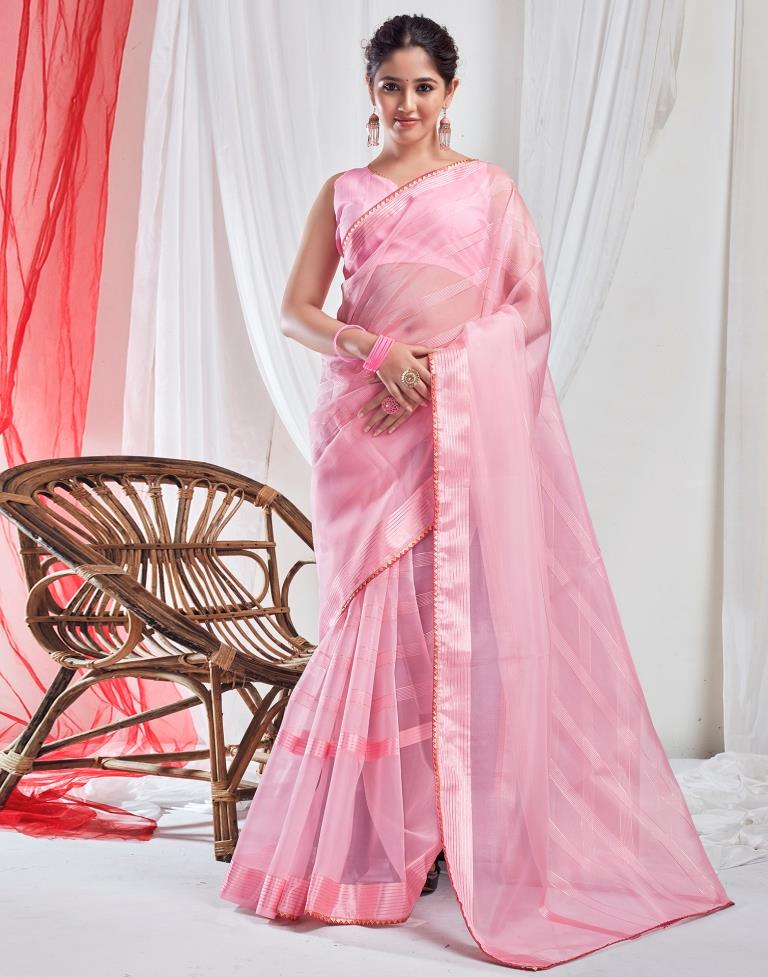 Light Pink Organza Plain Saree
