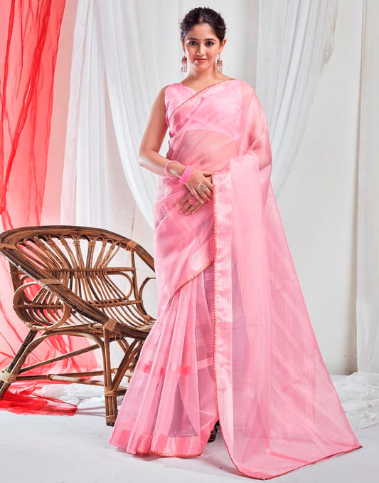 Light Pink Organza Plain Saree
