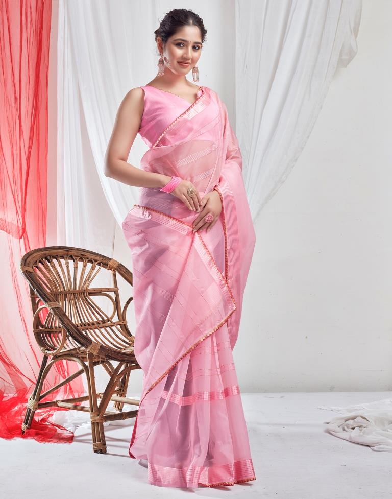 Light Pink Organza Plain Saree