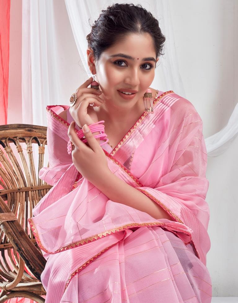 Light Pink Organza Plain Saree