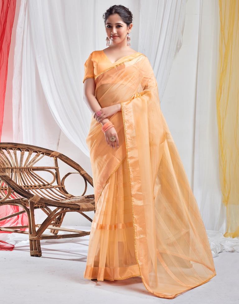 Light Orange Organza Plain Saree