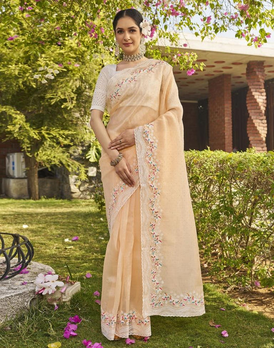 Beige Organza Plain Saree