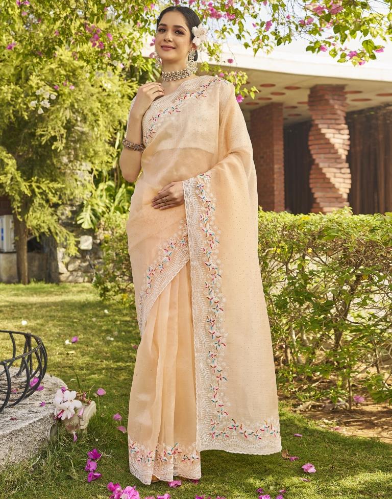 Beige Organza Plain Saree