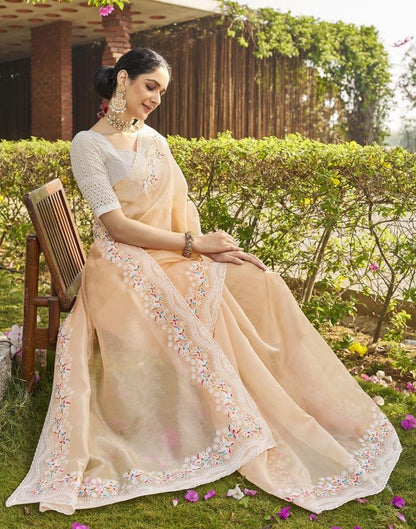 Beige Organza Plain Saree