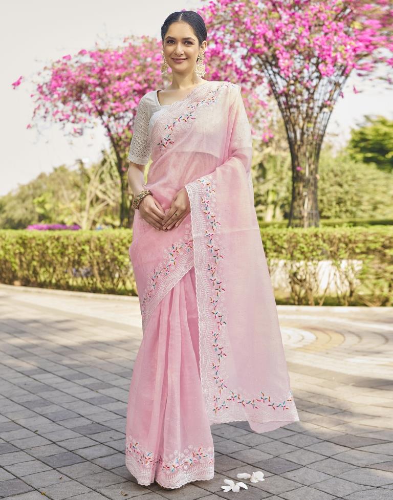 Light Peach Pink Organza Plain Saree