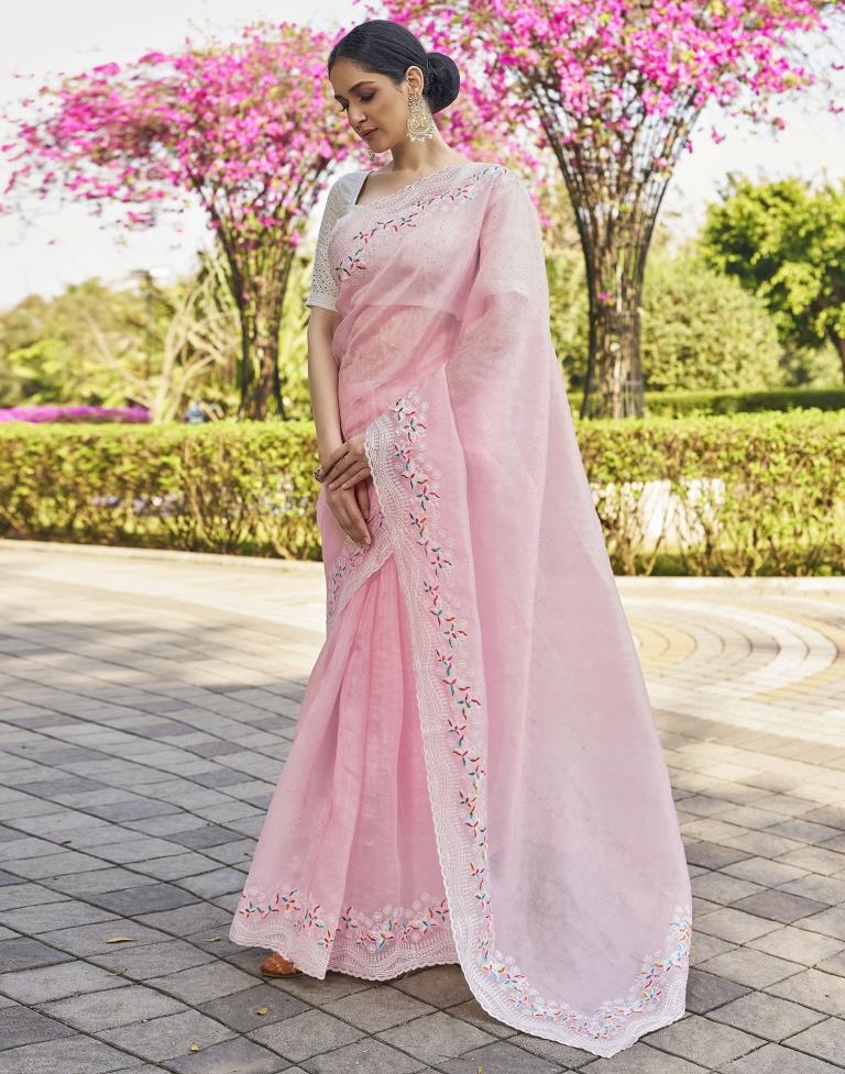 Light Peach Pink Organza Plain Saree