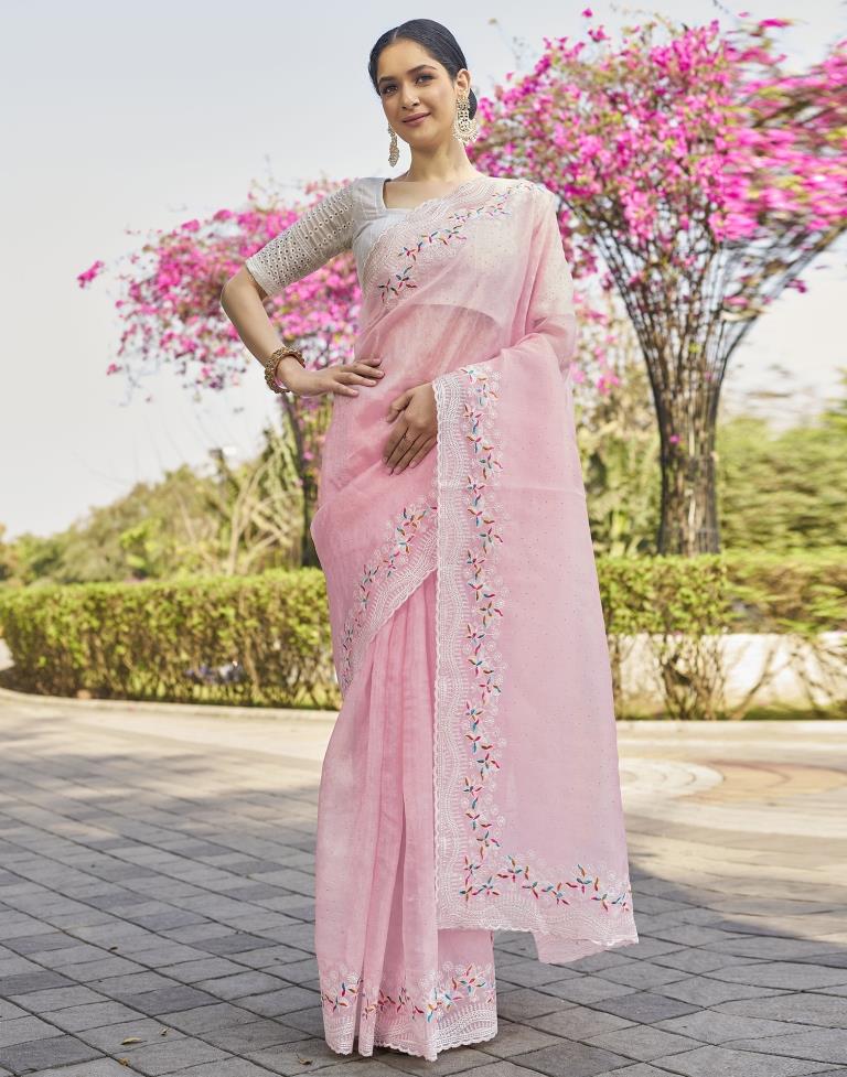 Light Peach Pink Organza Plain Saree