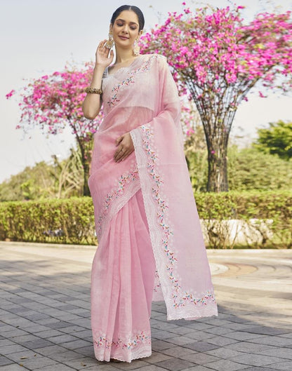 Light Peach Pink Organza Plain Saree