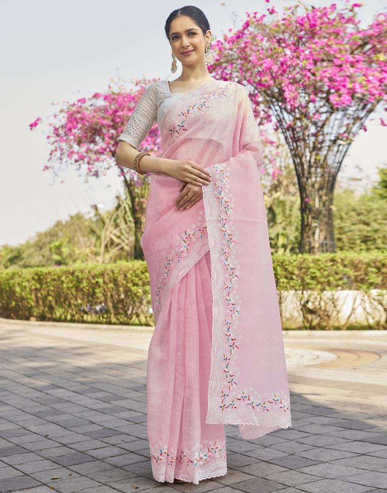 Light Peach Pink Organza Plain Saree