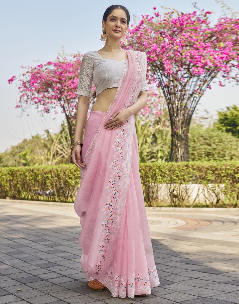 Light Peach Pink Organza Plain Saree