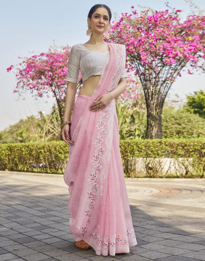 Light Peach Pink Organza Plain Saree