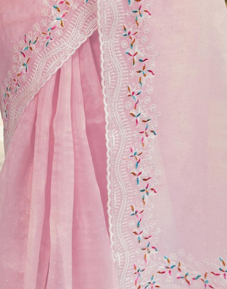 Light Peach Pink Organza Plain Saree