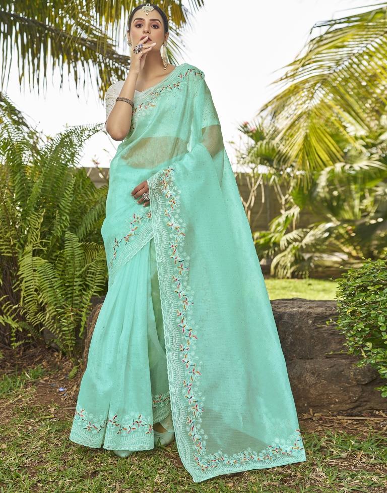 Turquoise Organza Plain Saree
