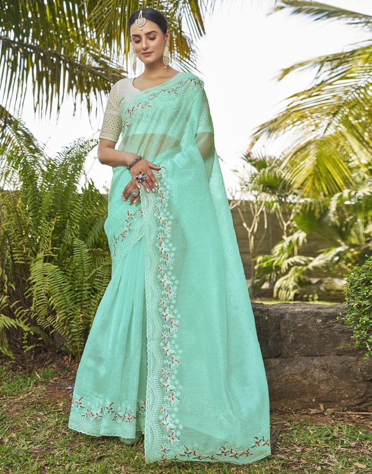 Turquoise Organza Plain Saree
