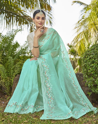 Turquoise Organza Plain Saree