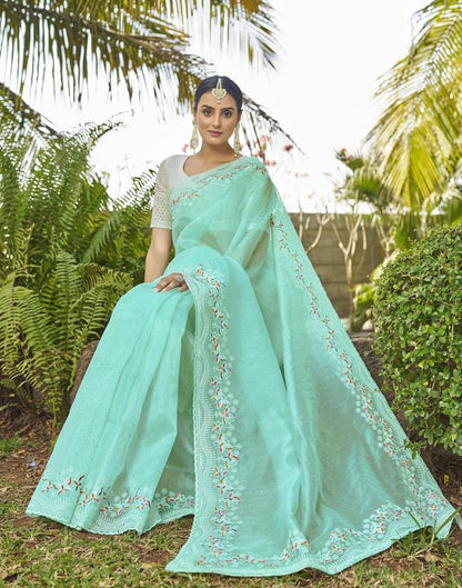 Turquoise Organza Plain Saree