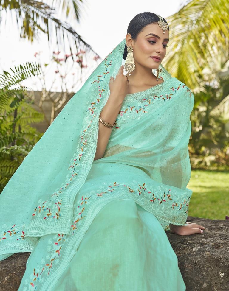 Turquoise Organza Plain Saree