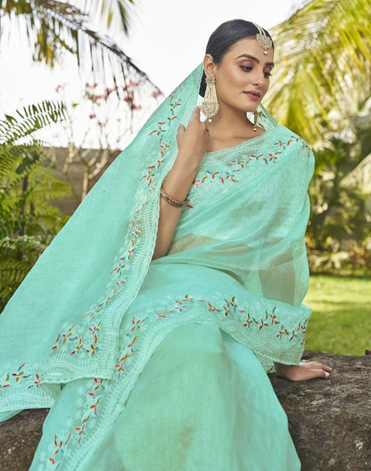 Turquoise Organza Plain Saree
