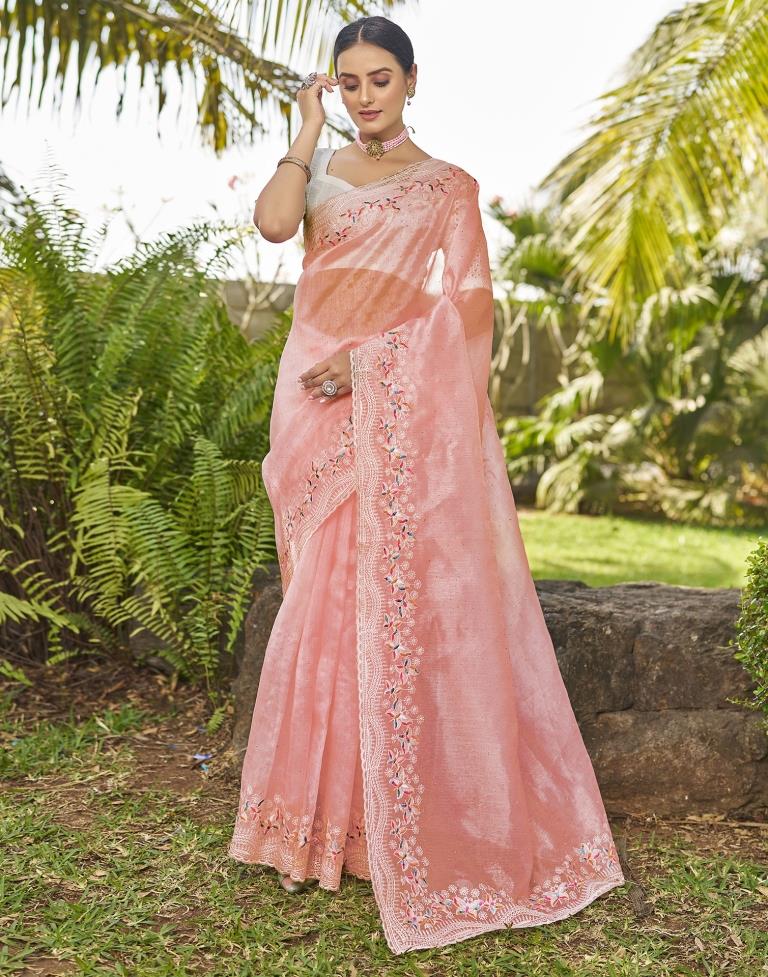Light Pink Organza Plain Saree