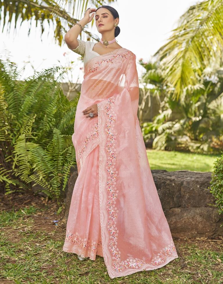 Light Pink Organza Plain Saree