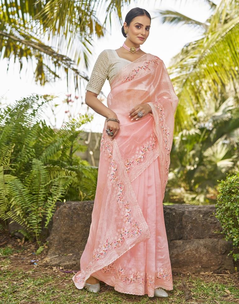 Light Pink Organza Plain Saree