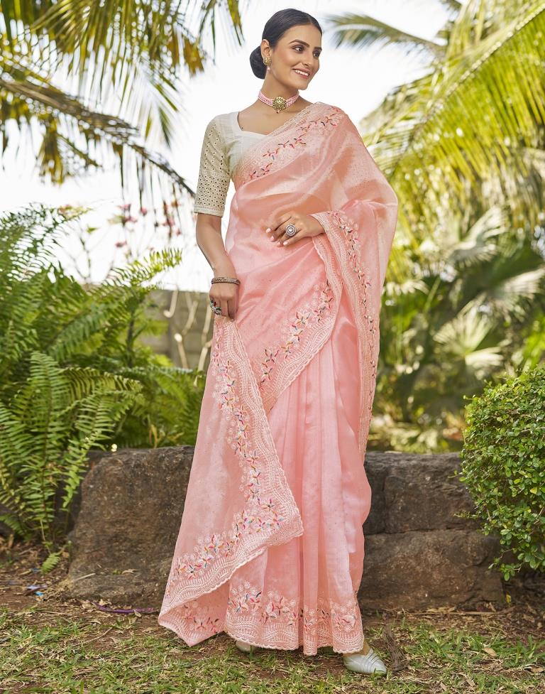 Light Pink Organza Plain Saree