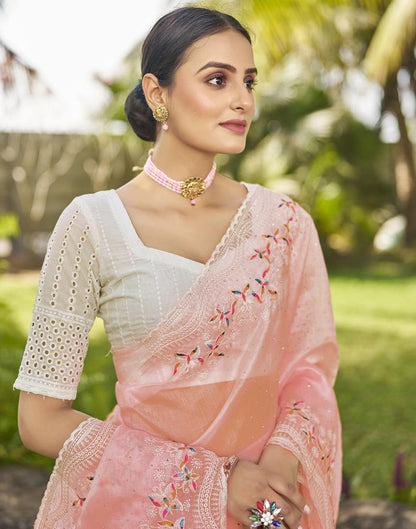Light Pink Organza Plain Saree