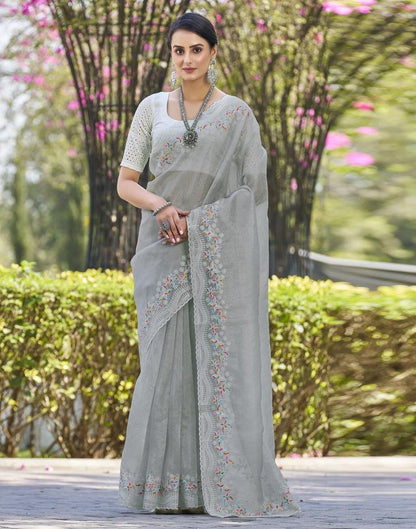 Light Grey Organza Plain Saree