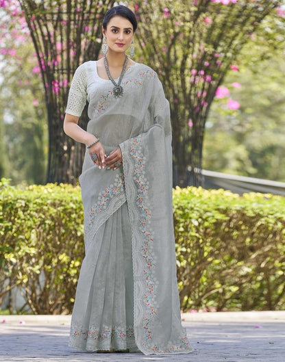 Light Grey Organza Plain Saree