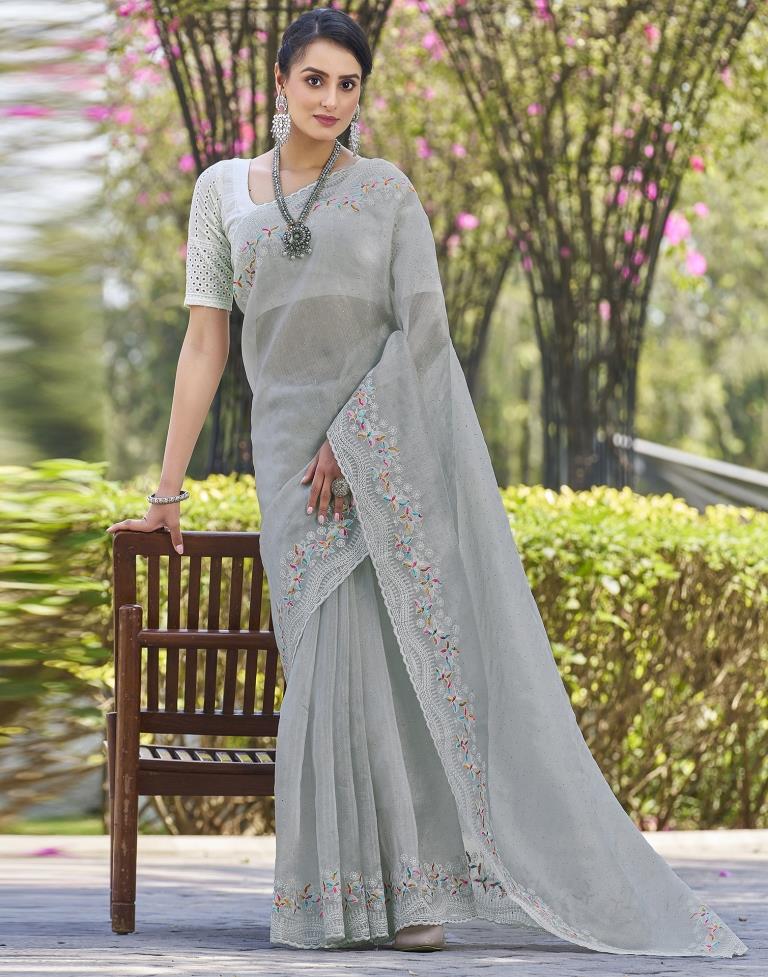 Light Grey Organza Plain Saree
