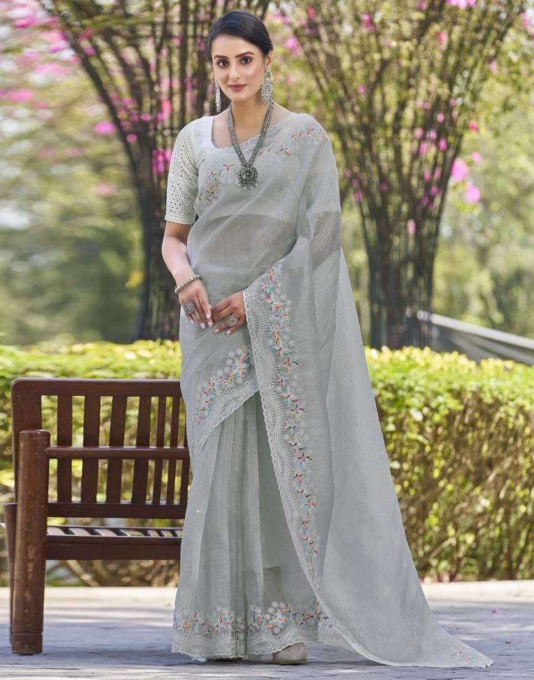 Light Grey Organza Plain Saree