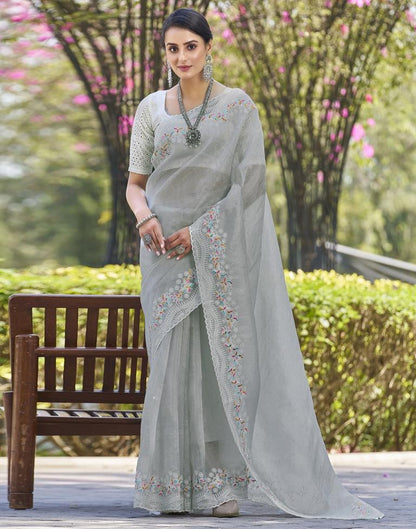 Light Grey Organza Plain Saree