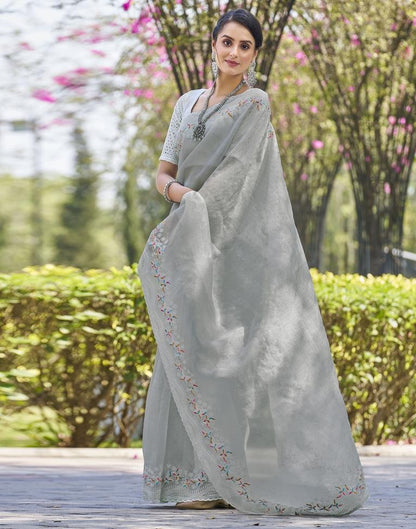 Light Grey Organza Plain Saree