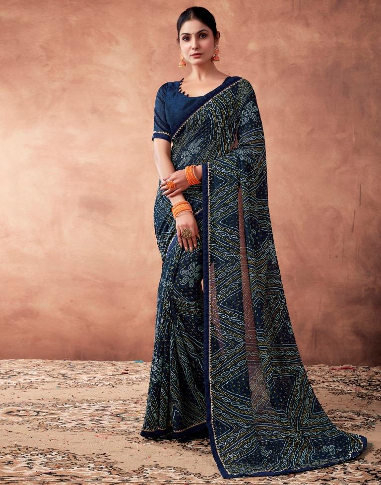 Navy Blue Georgette Printed Saree