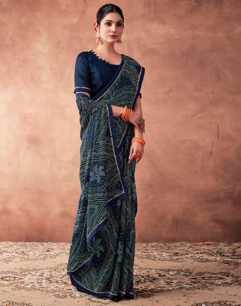Navy Blue Georgette Printed Saree